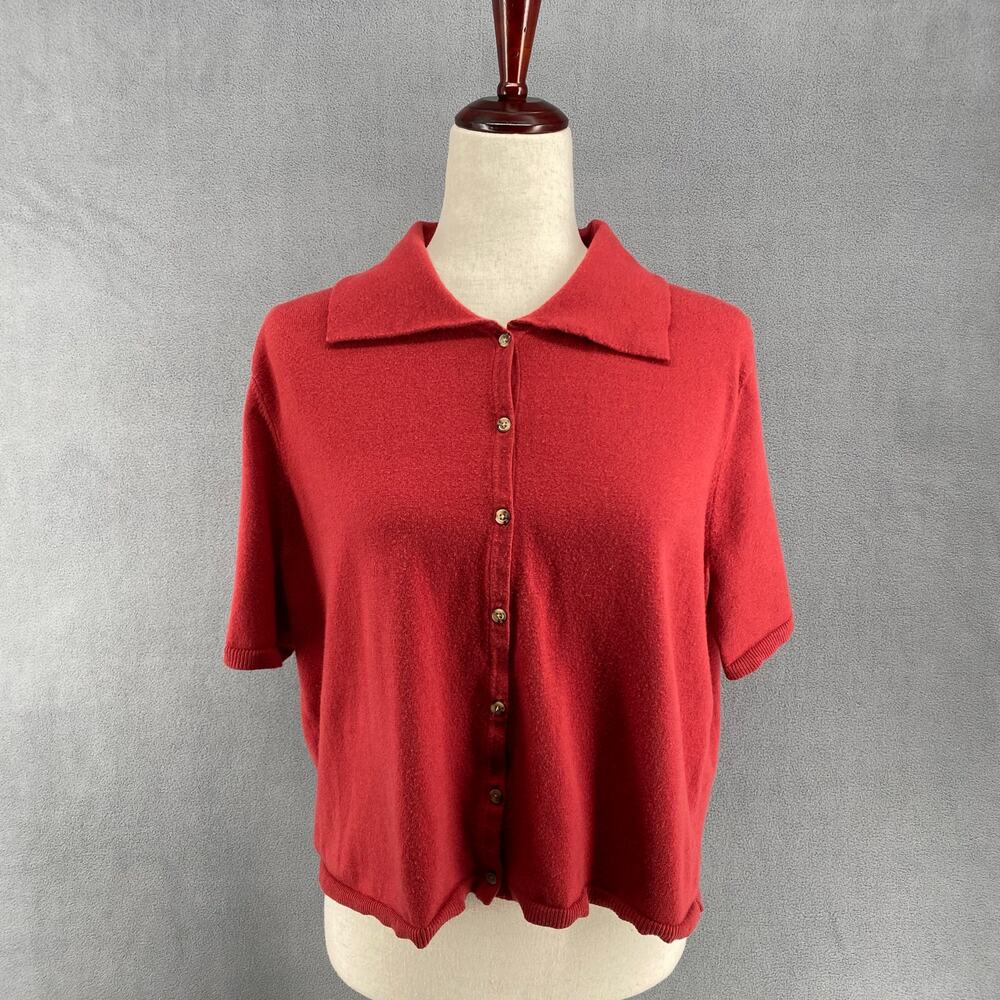 Ann Taylor Boxy Button Up Collared Sweater‎ Top Womens Large Short Sleeve Red